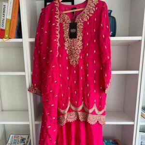 Indya Luxe Fuchsia Pink Zari Sharara Set With Embellished Kurta & Dupatta - New